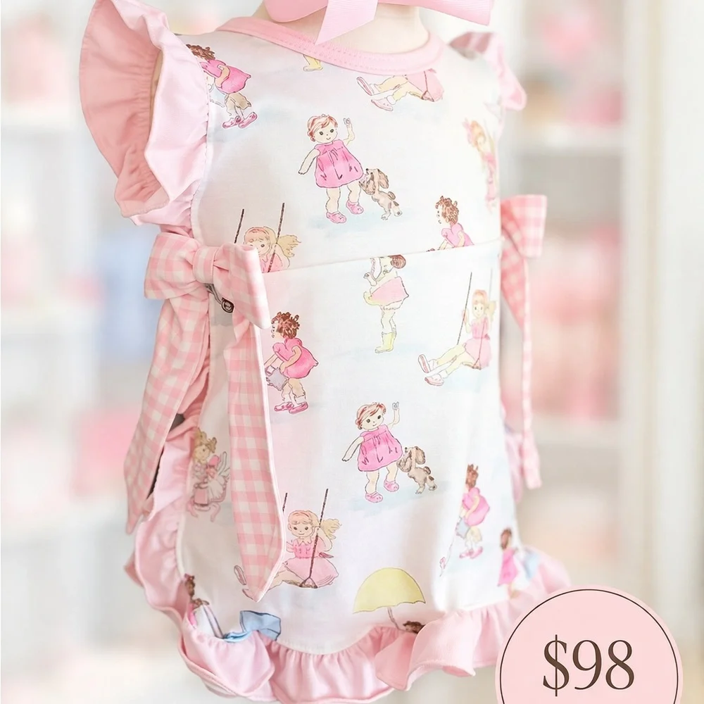 Luxury Pink Gingham Side Tie Bloomer Set Romper Playful Doll Print Play Date